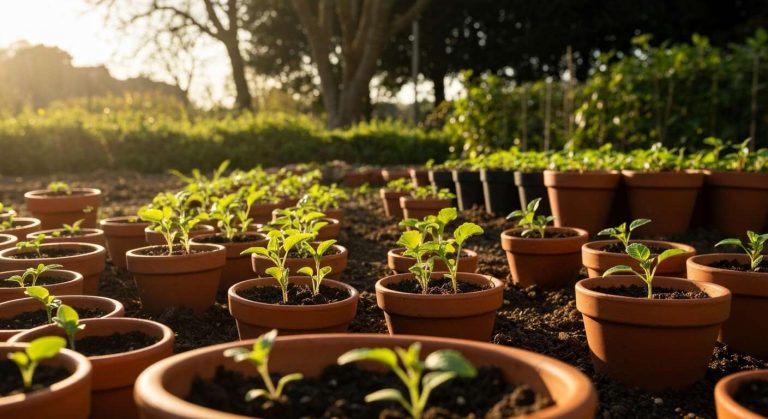 Cette technique avec des pots en terre cuite garde la chaleur autour des jeunes plantations