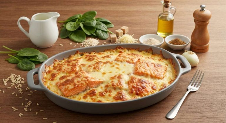 Gratin de saumon : recette facile aux épinards et riz