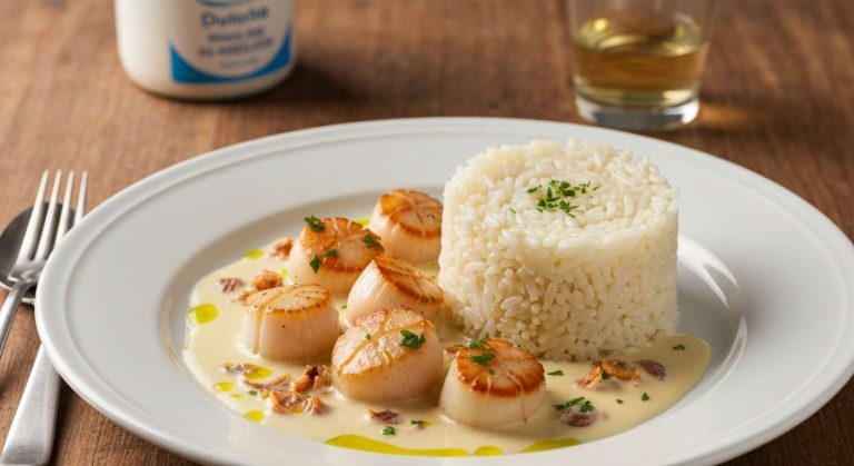 Noix de Saint-Jacques à la crème et timbale de riz