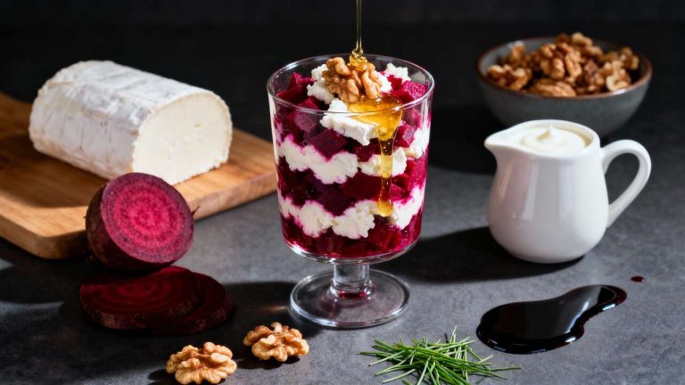 Verrine de betterave, chèvre, miel et noix : recette gourmande