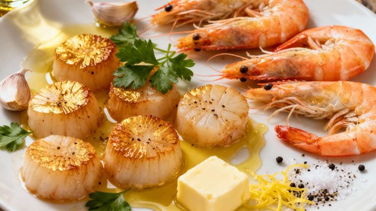 Noix de Saint-Jacques et gambas royales poêlées au beurre, ail et persil